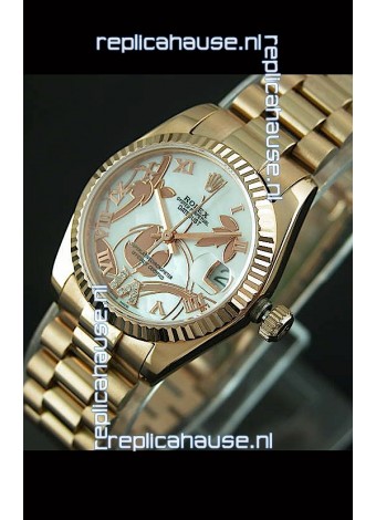 Rolex Oyster Perpetual Date Just Lady Swiss Rose Gold Watch in Pearl White Dial