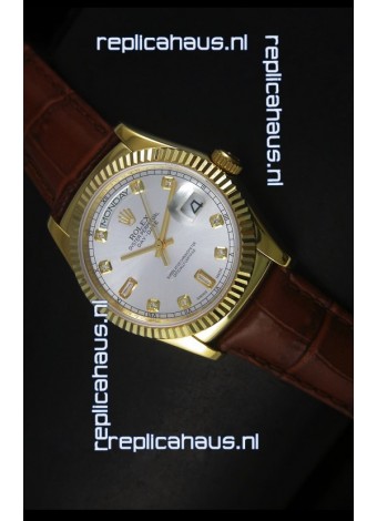 Rolex Day Date 36MM Yellow Gold Swiss Replica Watch - Silver Dial 