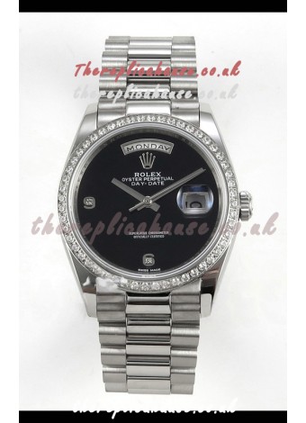 Rolex Day Date Black Dial Diamonds Bezel 36MM Swiss Replica Watch 
