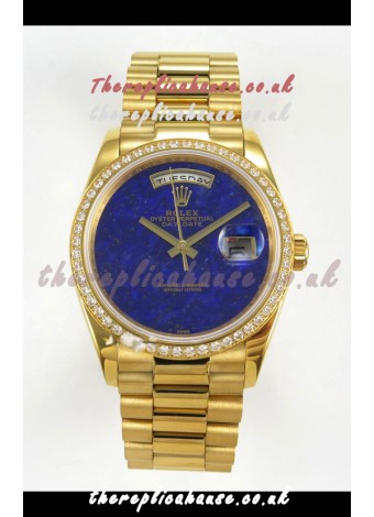Rolex Day Date Yellow Gold Blue Lapis Dial Diamonds Bezel 36MM Swiss Replica