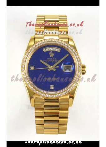 Rolex Day Date Yellow Gold Blue Lapis Dial Diamonds Bezel 36MM Swiss Replica
