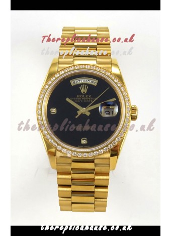 Rolex Day Date Yellow Gold Black Dial Diamonds Bezel 36MM Swiss Replica