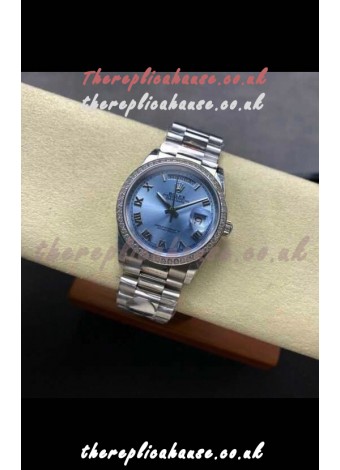 Rolex Day Date 128396TBR Steel Casing ICE Blue Roman Dial Swiss Replica Watch 