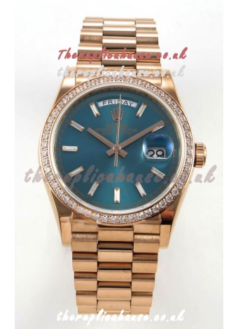 Rolex Day Date 128345 Rose Gold Green Crystal Dial Diamonds Bezel Super Clone Watch 