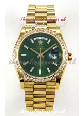Rolex Day Date 128348 Yellow Gold Green Crystal Dial Diamonds Bezel Super Clone Watch 