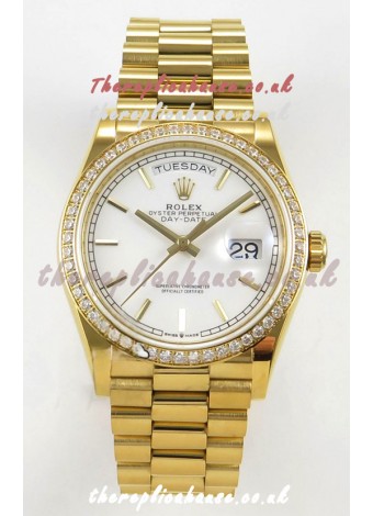 Rolex Day Date 128348 Yellow Gold White Dial Diamonds Bezel Super Clone Watch 