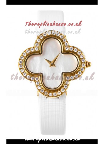 Van Cleef & Arpels Alhambra Yellow Gold Diamonds Bezel Pearl Dial Watch 