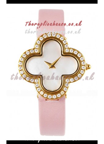 Van Cleef & Arpels Alhambra Yellow Gold Diamonds Bezel Pink Strap Watch 