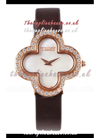 Van Cleef & Arpels Alhambra Rose Gold Diamonds Bezel Black Strap Watch 