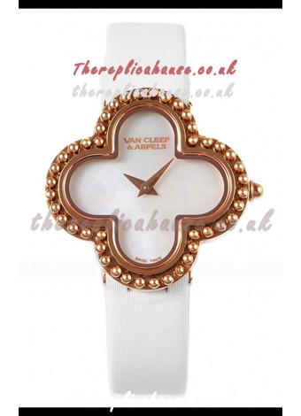 Van Cleef & Arpels Alhambra Rose Gold White Strap Watch 
