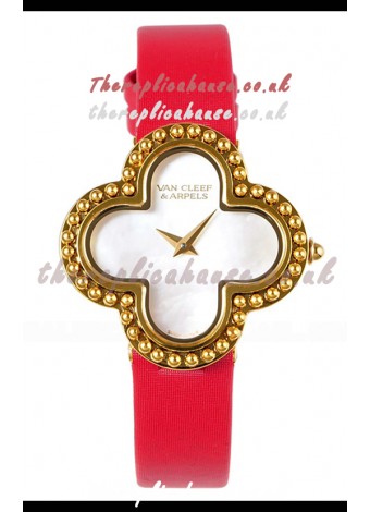 Van Cleef & Arpels Alhambra Yellow Gold Red Strap Watch 