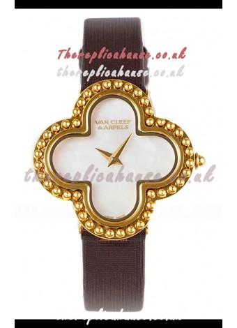 Van Cleef & Arpels Alhambra Yellow Gold Brown Strap Watch 