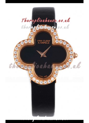 Van Cleef & Arpels Alhambra Rose Gold Diamonds Bezel Black Strap Watch 