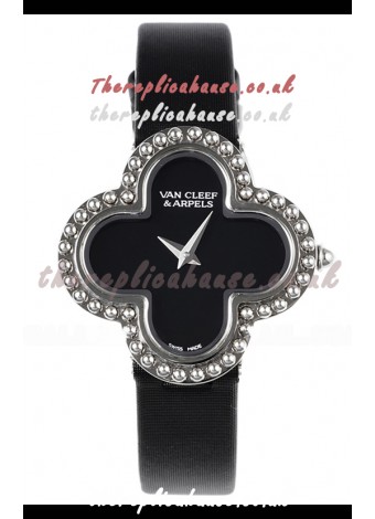 Van Cleef & Arpels Alhambra Stainless Steel Black Strap Watch 