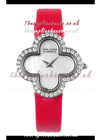Van Cleef & Arpels Alhambra Stainless Steel Diamonds Bezel Red Strap Watch 