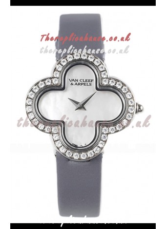 Van Cleef & Arpels Alhambra Stainless Steel Diamonds Bezel Grey Strap Watch 