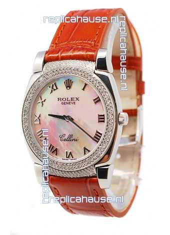 Rolex Cellini Cestello Ladies Swiss Watch White Pearl Roman Face Diamonds Bezel and Lugs