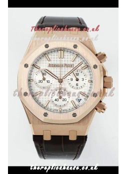 Royal Oak Chrono 26240 Rose Gold White Dial Leather Strap Super Clone Watch 
