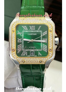 Cartier Santos De Cartier Green Dial Diamonds Two Tone Swiss Replica Watch 