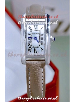 Cartier Tank Americaine Steel 19.4MM Beige Strap Swiss Quartz Watch 
