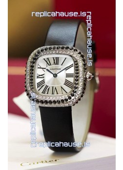 Coussin De Cartier Steel Watch Swiss Replica Watch Black Strap 