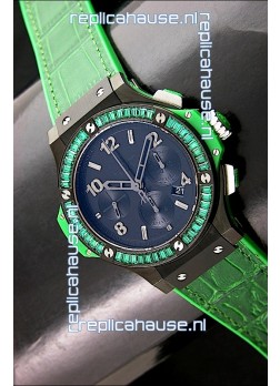 Hublot Big Bang All Black Edition in Green Strap and Baguette Diamonds Bezel