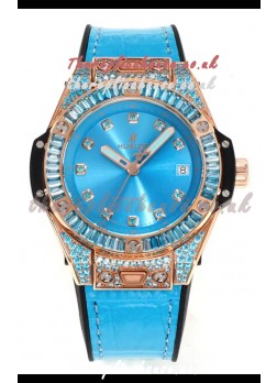 Hublot Big Bang One Click moissanite Rose Gold Super Clone Watch Blue Dial 