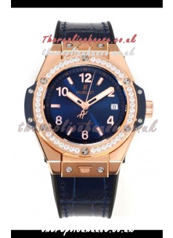 Hublot Big Bang One Click moissanite Bezel Rose Gold Super Clone Watch Blue Dial