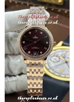 Omega De Ville Automatic 34MM Burgundy Dial Rose Gold Case Super Clone Watch 