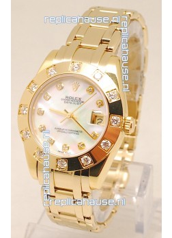 Rolex Datejust Pearlmaster Swiss Replica Gold Watch in White Pearl Dial -34MM