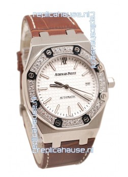 Audemars Piguet Royal Oak Steel Swiss Watch in Brown Leather Strap
