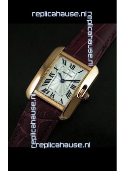 Cartier Louis Japanese Replica Ladies Rose Gold Watch in Red Wine Strap