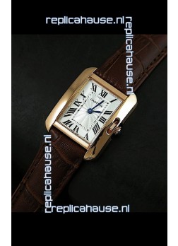Cartier Louis Japanese Replica Ladies Rose Gold Watch in BrownStrap