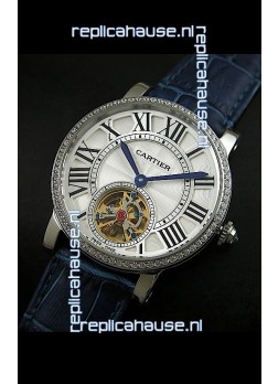 Cartier Ronde de Tourbillon Japanese Replica Diamond Watch in Blue Strap