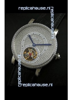 Cartier Ronde de Tourbillon Japanese Replica Diamond Watch in Black Strap