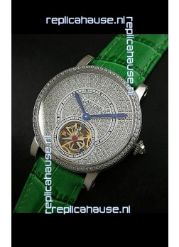 Cartier Ronde de Tourbillon Japanese Replica Diamond Watch in Green Strap