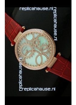 Cartier Replica Watch with Diamonds Embedded Dial Bezel in Gold Case/Brown Strap