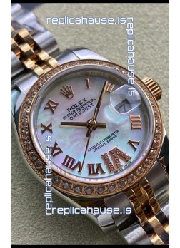 Rolex Datejust 28MM Swiss Replica in 904L Rose Gold Two Tone Case in Pearl Dial - 1:1 Mirror Replica