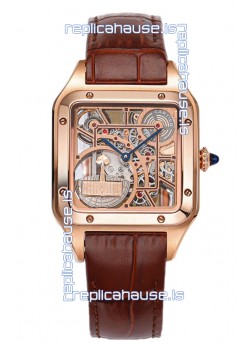 Cartier Santos Dumont Skeleton Rose Gold Watch in Brown Leather Strap 43.5MM