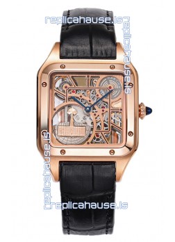Cartier Santos Dumont Skeleton Rose Gold Watch in Black Leather Strap 43.5MM