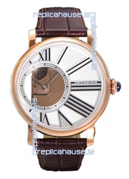 Rotonde De Cartier in Rose Gold Casing - Leather Strap Swiss Quartz Replica Watch 