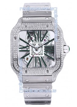 Santos De Cartier Watch in Skeleton Dial - Diamonds Bezel in Steel Casing Swiss Replica