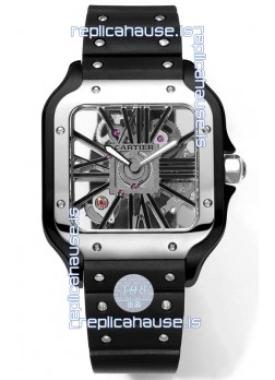 Santos De Cartier Watch in Skeleton Dial - DLC Coated Casing & Steel Strap in Rubber Strap