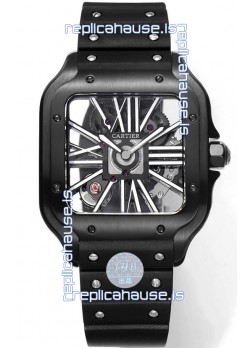 Santos De Cartier Watch in Skeleton Dial - DLC Coated Casing & Bezel in Rubber Strap