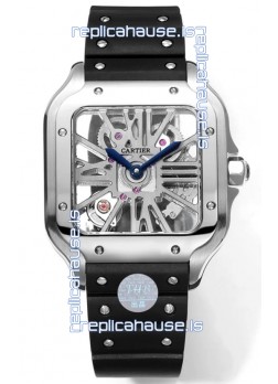 Santos De Cartier Watch in Skeleton Dial - Stainless Steel Casing & Bezel Black Rubber Strap
