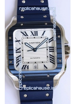 Santos De Cartier 1:1 Blue DLC Bezel Swiss Replica Watch 40MM - Rubber Strap