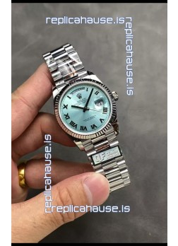 Rolex Day Date Super Clone Stainless Steel Ice Blue Dial Roman Numerals Watch 36MM - 1:1 Mirror Quality