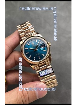 Rolex Day Date Super Clone Rose Gold Blue Dial Crystal Numerals Watch 36MM - 1:1 Mirror Quality