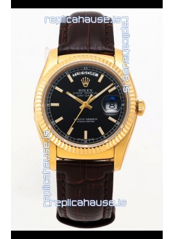 Rolex Day Date Yellow Gold 904L Steel Casing Watch in Black Dial 36MM - 1:1 Mirror Quality