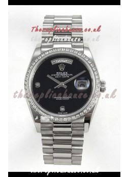 Rolex Day Date Black Dial Diamonds Bezel 36MM Swiss Replica Watch 
